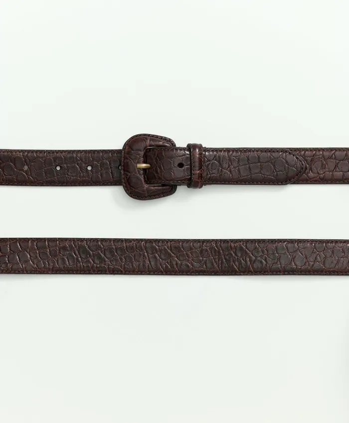 Women Leather Alligator Embossed Belt Brown Brooks Brothers Shoes and Belts