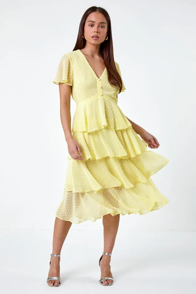 Women Lemon Petite Textured Spot Tiered Midi Dress Roman Dresses