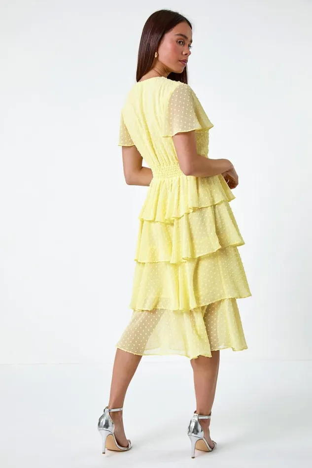 Women Lemon Petite Textured Spot Tiered Midi Dress Roman Dresses
