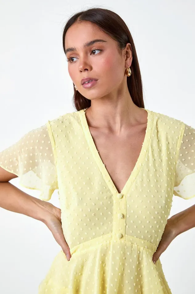 Women Lemon Petite Textured Spot Tiered Midi Dress Roman Dresses