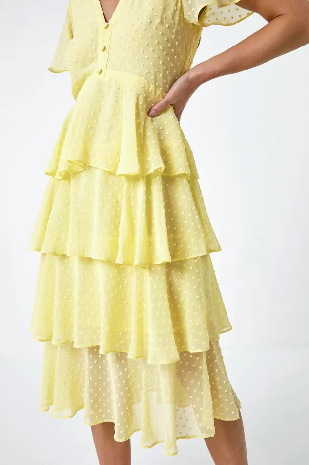 Women Lemon Petite Textured Spot Tiered Midi Dress Roman Dresses
