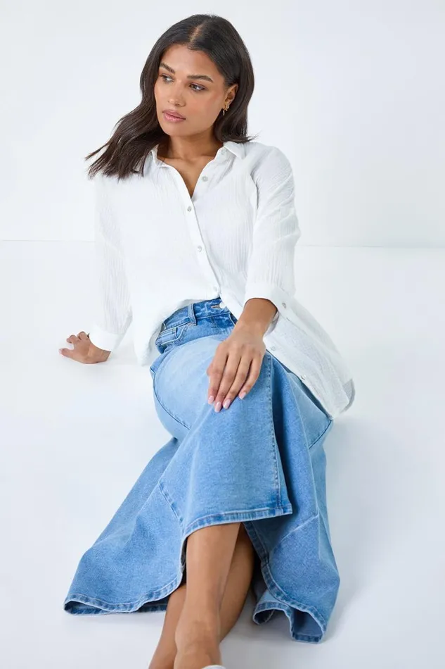 Women Light Blue Cotton Blend Denim A Line Maxi Skirt Roman Skirts