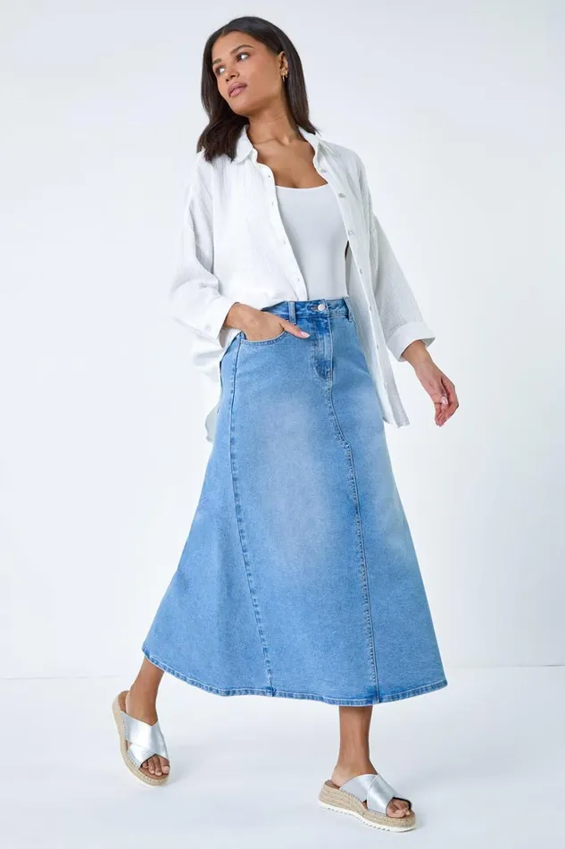 Women Light Blue Cotton Blend Denim A Line Maxi Skirt Roman Skirts