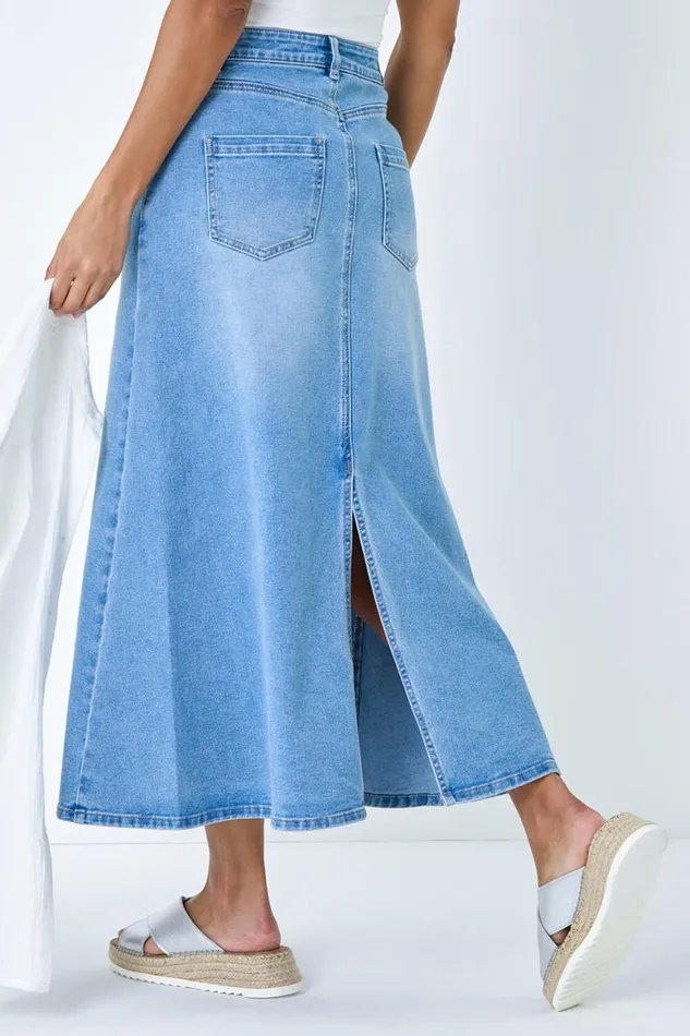 Women Light Blue Cotton Blend Denim A Line Maxi Skirt Roman Skirts