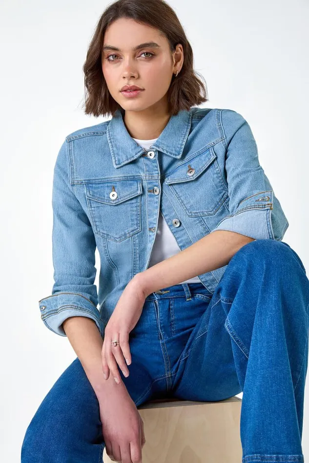 Women Light Blue Cotton Blend Stretch Denim Jacket Roman Jackets