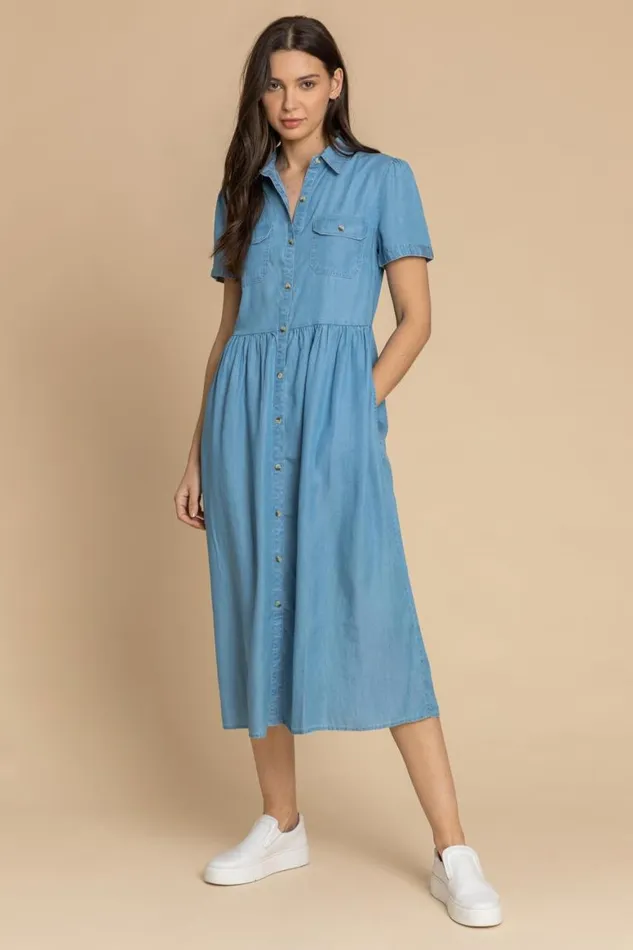 Women Light Blue Denim Buttoned Midi Shirt Dress Roman Dresses