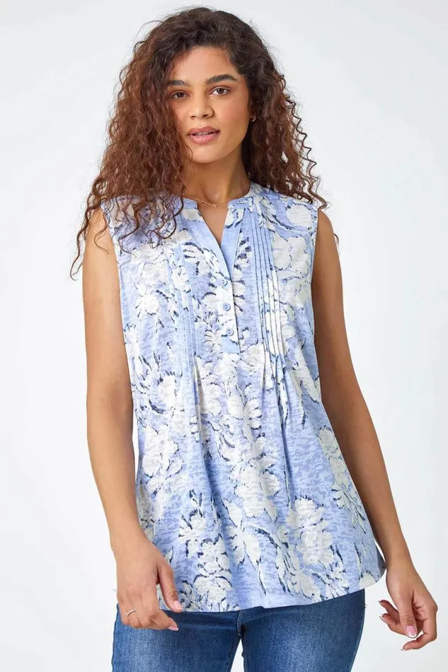Women Light Blue Floral VNeck Pintuck Stretch Vest Top Roman Tops