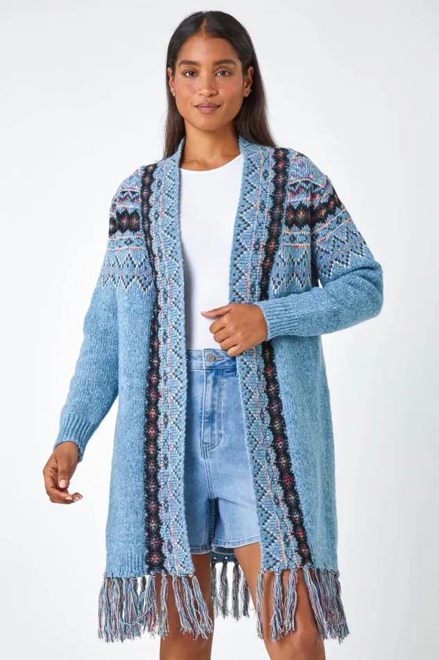 Women Light Blue Fringed Hem Longline Cardigan Roman Knitwear