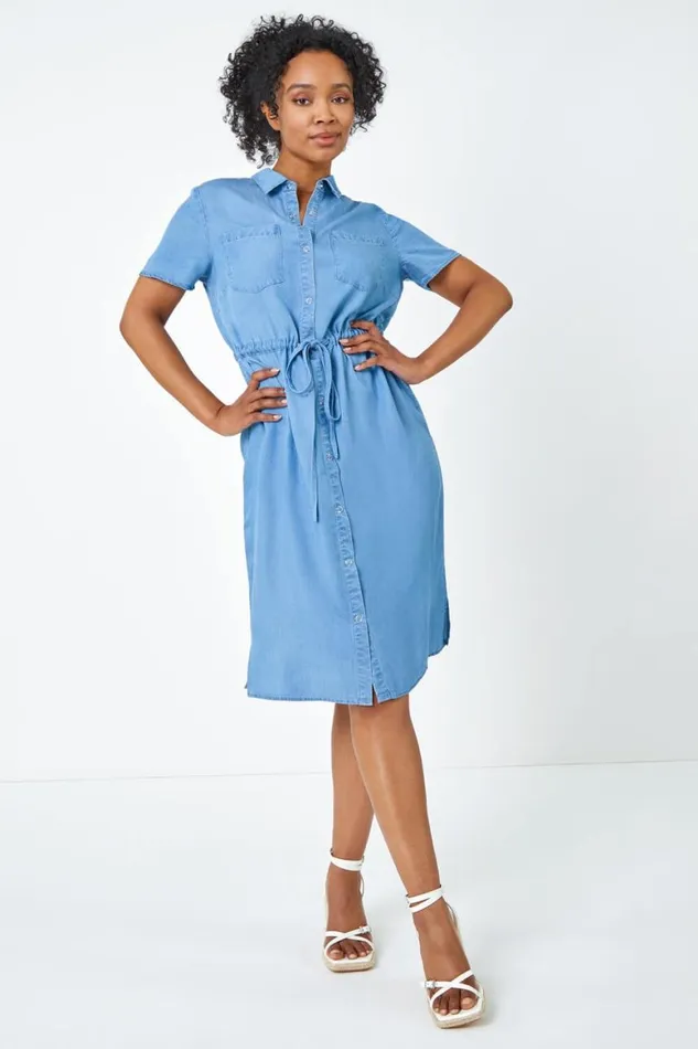 Women Light Denim Petite Tie Waist Denim Shirt Dress Roman Dresses