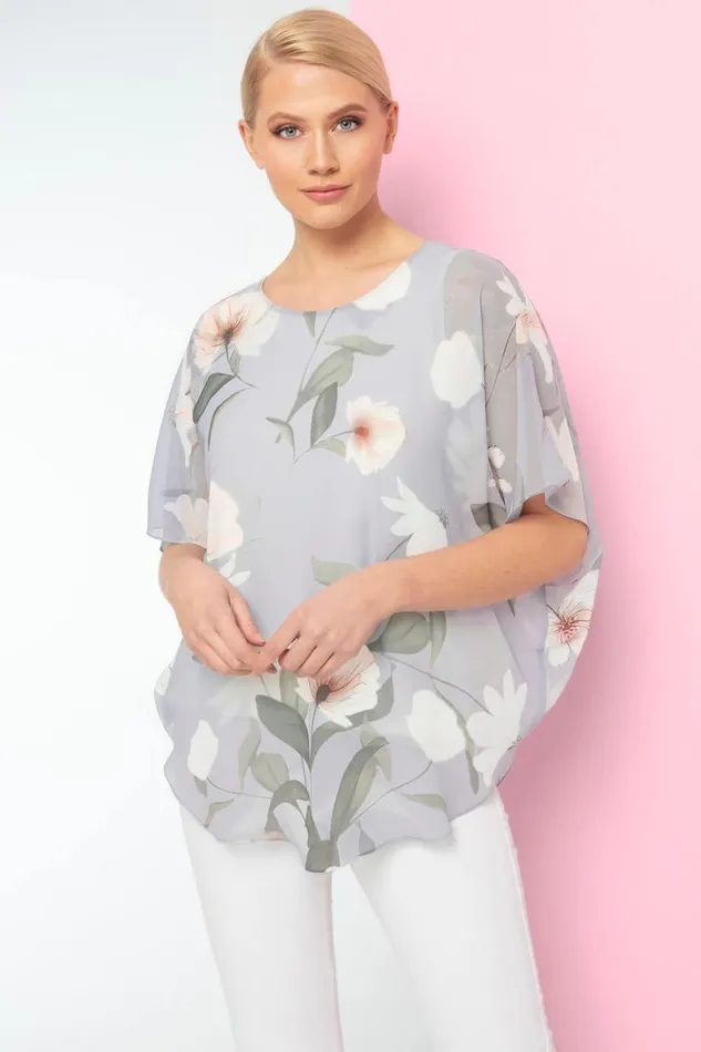 Women Light Grey Batwing Floral Top Roman Tops