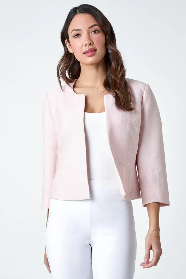 Women Light Pink 34 Sleeve Pleated Textured Cropped Jacket Roman Jackets