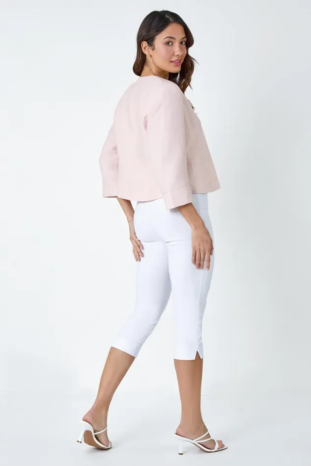 Women Light Pink 34 Sleeve Pleated Textured Cropped Jacket Roman Jackets