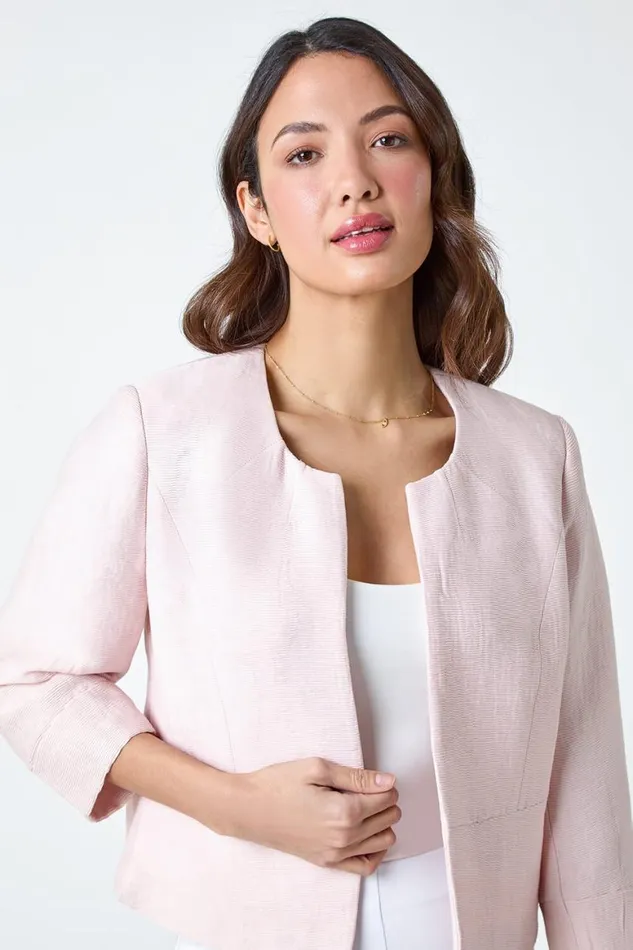 Women Light Pink 34 Sleeve Pleated Textured Cropped Jacket Roman Jackets