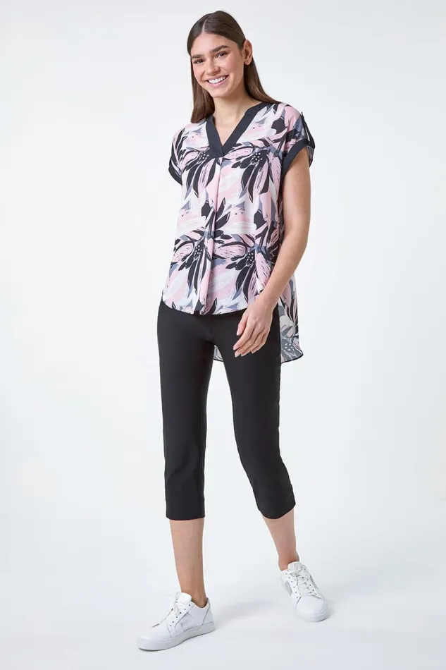 Women Light Pink Abstract Floral Print Contrast Trim Top Roman Tops