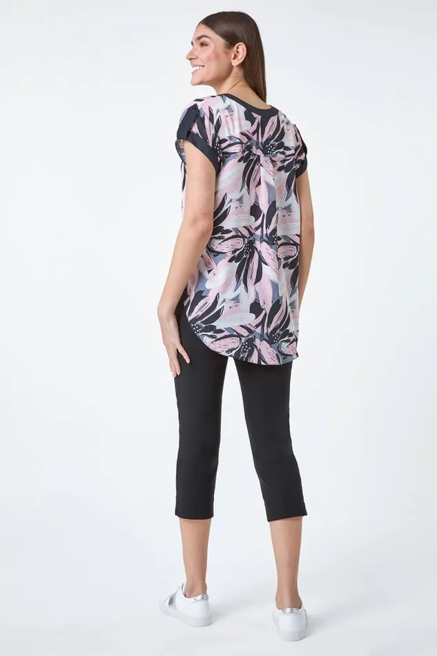 Women Light Pink Abstract Floral Print Contrast Trim Top Roman Tops