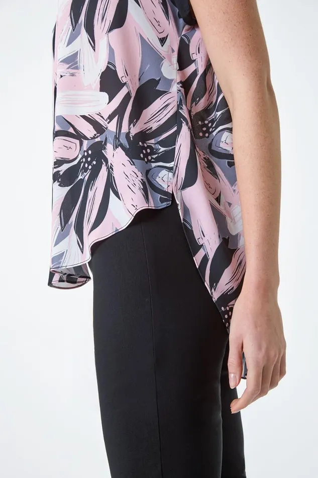 Women Light Pink Abstract Floral Print Contrast Trim Top Roman Tops