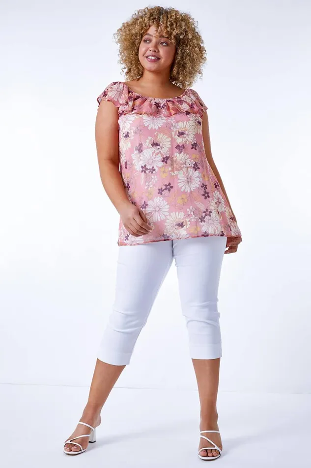 Women Light Pink Curve Floral Frill Chiffon Bardot Top Roman Tops