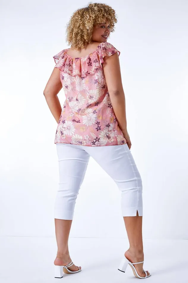 Women Light Pink Curve Floral Frill Chiffon Bardot Top Roman Tops