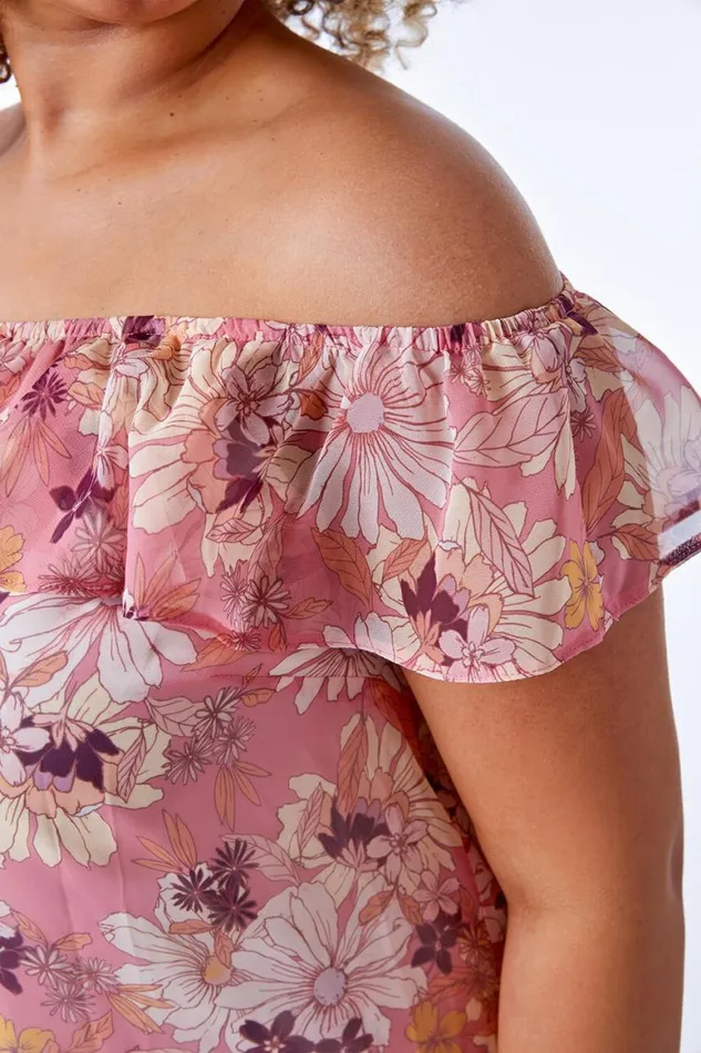 Women Light Pink Curve Floral Frill Chiffon Bardot Top Roman Tops