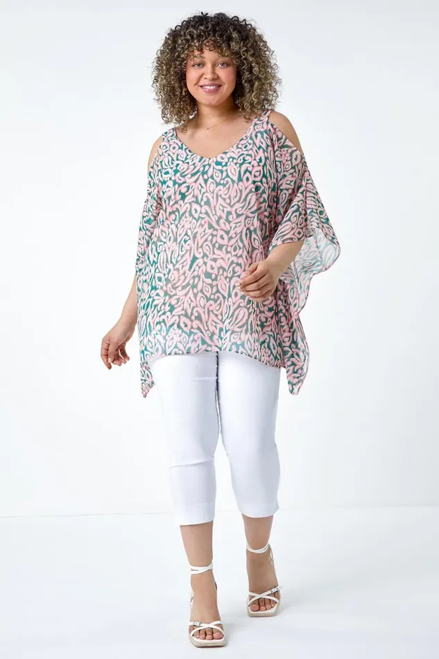 Women Light Pink Curve Printed Chiffon Cold Shoulder Top Roman Tops