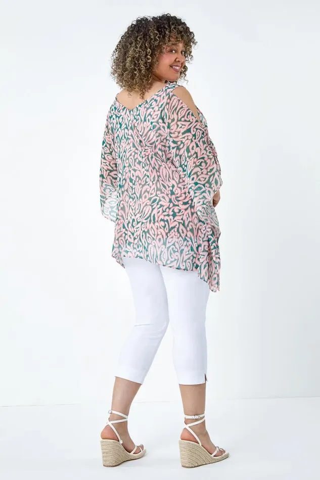 Women Light Pink Curve Printed Chiffon Cold Shoulder Top Roman Tops