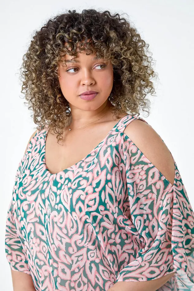Women Light Pink Curve Printed Chiffon Cold Shoulder Top Roman Tops