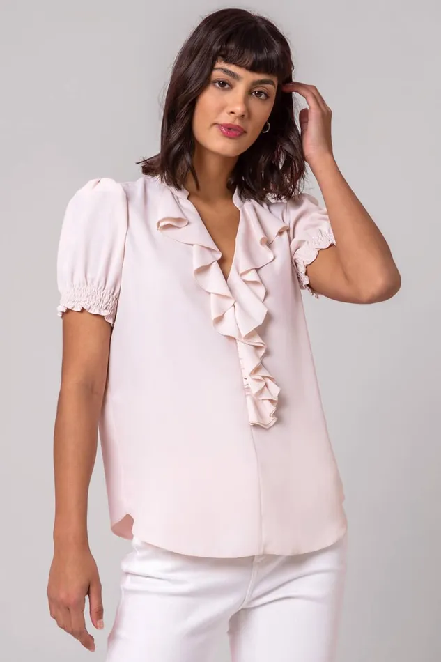 Women Light Pink Frill Detail VNeck Top Roman Tops