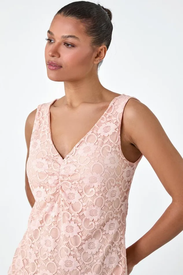Women Light Pink Lace Twist Front Stretch Top Roman Tops