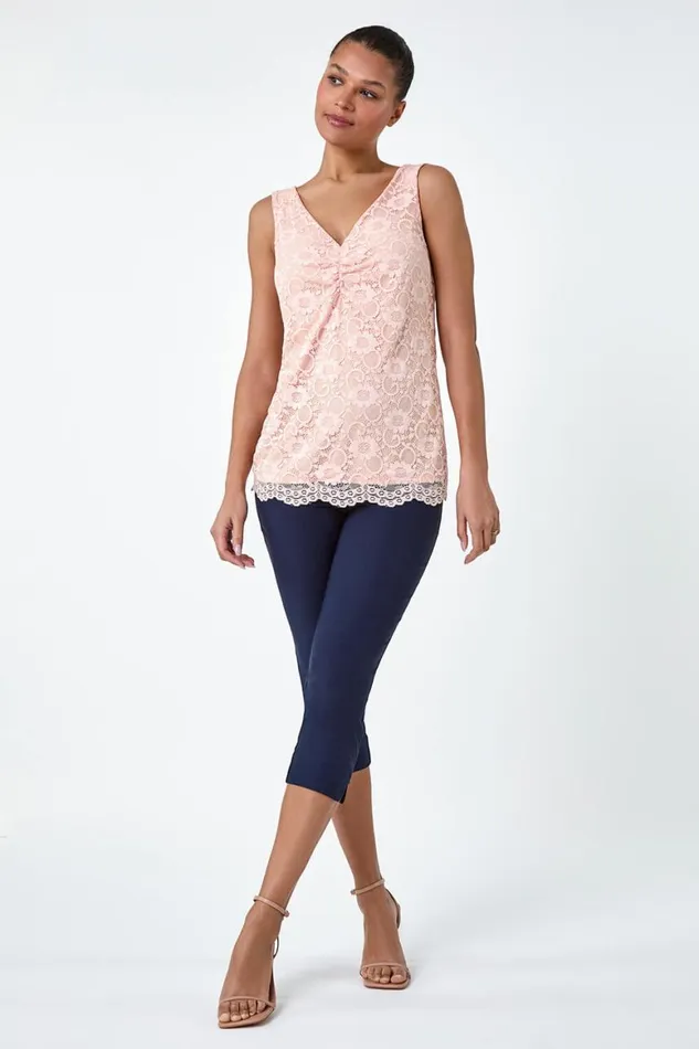 Women Light Pink Lace Twist Front Stretch Top Roman Tops