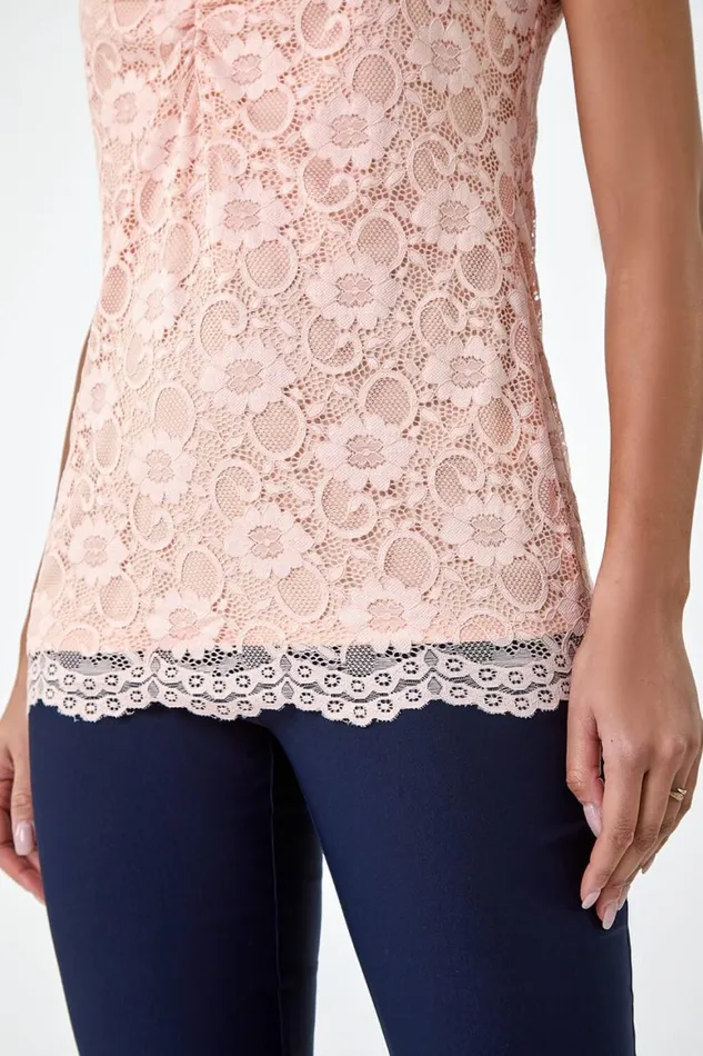 Women Light Pink Lace Twist Front Stretch Top Roman Tops