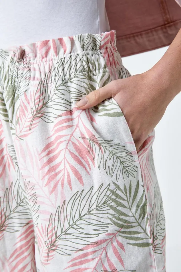 Women Light Pink Leaf Print Linen Blend Pocket Shorts Roman Shorts