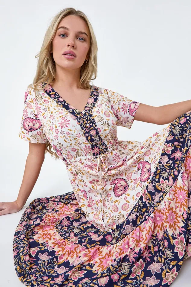 Women Light Pink Petite Floral Border Print Midi Dress Roman Dresses