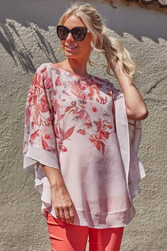 Women Light Pink Sparkle Embellished Floral Chiffon Overlay Top Roman Tops