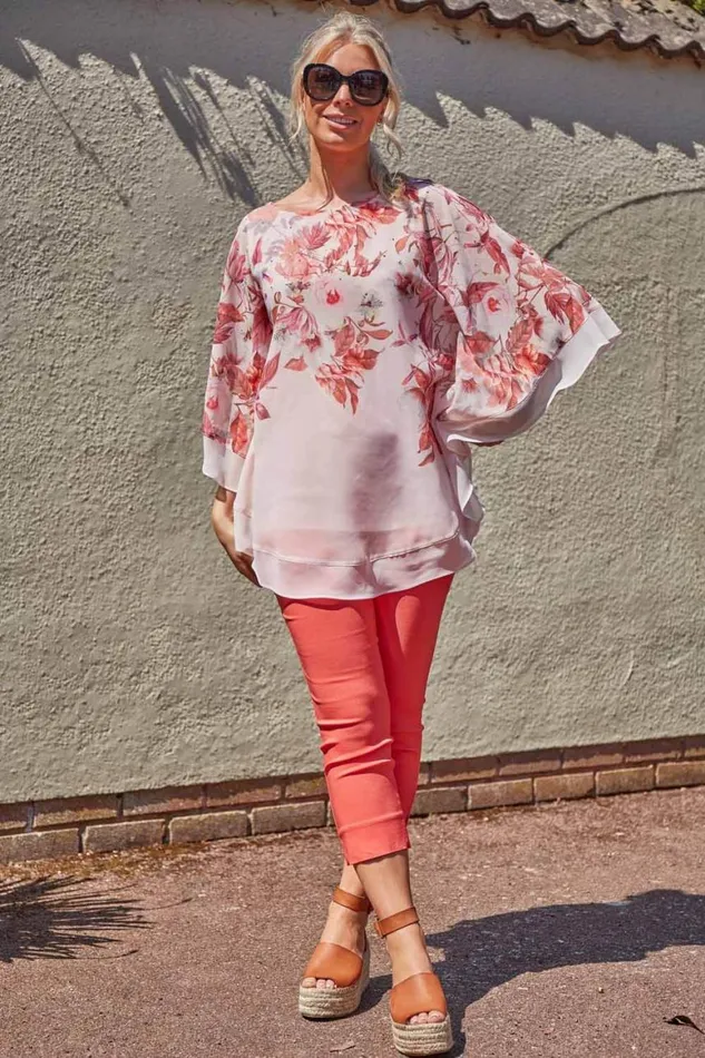 Women Light Pink Sparkle Embellished Floral Chiffon Overlay Top Roman Tops