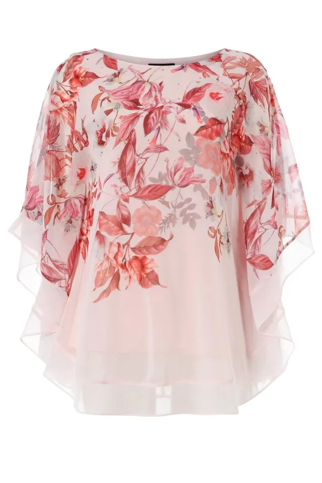 Women Light Pink Sparkle Embellished Floral Chiffon Overlay Top Roman Tops