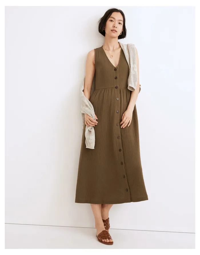Women Lightspun Button Front Tank Midi Dress Kale Madewell Dresses