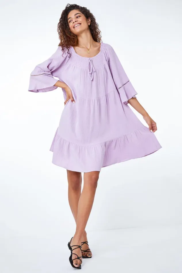 Women Lilac Tiered Cotton Tie Detail Smock Dress Roman Dresses