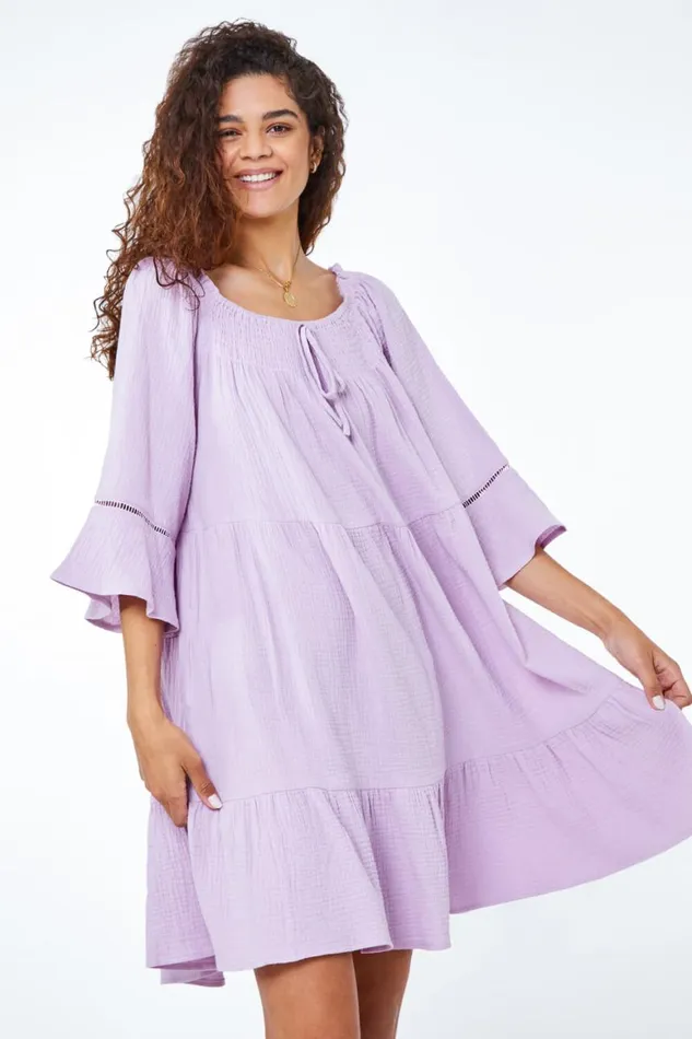 Women Lilac Tiered Cotton Tie Detail Smock Dress Roman Dresses
