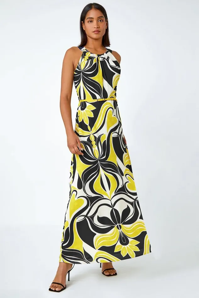 Women Lime Abstract Print Halter Neck Maxi Dress Roman Dresses