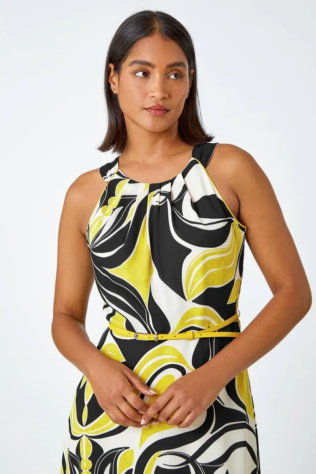Women Lime Abstract Print Halter Neck Maxi Dress Roman Dresses