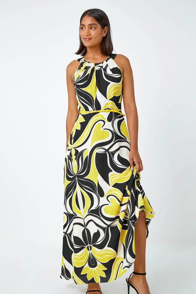 Women Lime Abstract Print Halter Neck Maxi Dress Roman Dresses