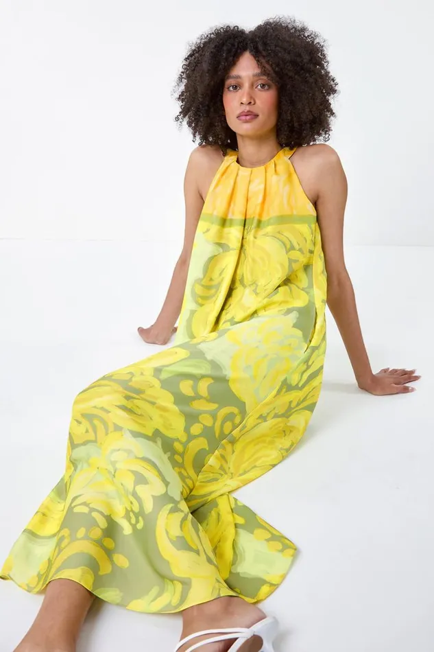 Women Lime Abstract Print Pocket Trapeze Dress Roman Dresses