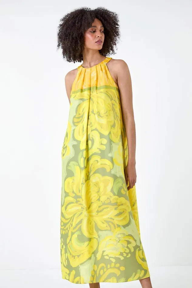 Women Lime Abstract Print Pocket Trapeze Dress Roman Dresses
