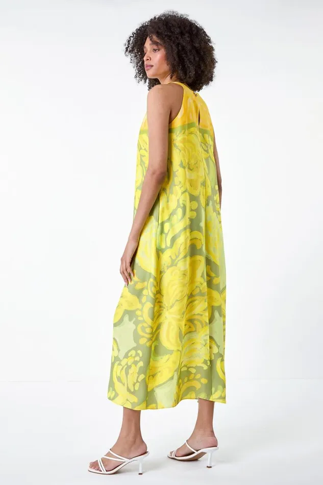 Women Lime Abstract Print Pocket Trapeze Dress Roman Dresses