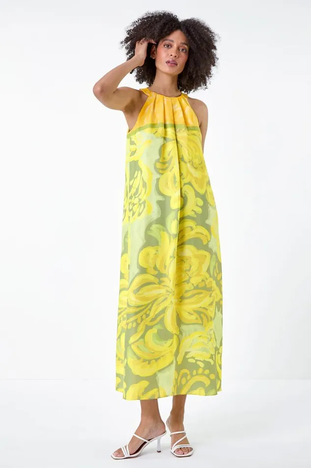 Women Lime Abstract Print Pocket Trapeze Dress Roman Dresses