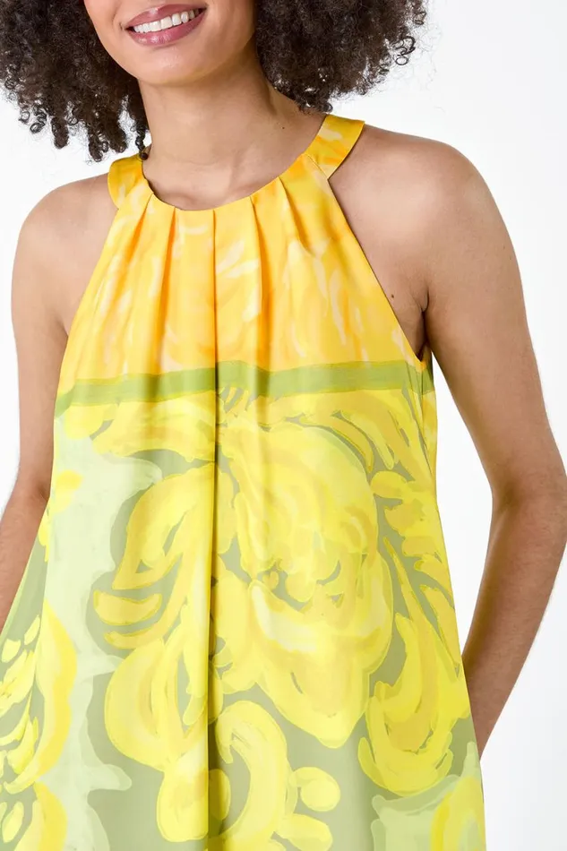 Women Lime Abstract Print Pocket Trapeze Dress Roman Dresses
