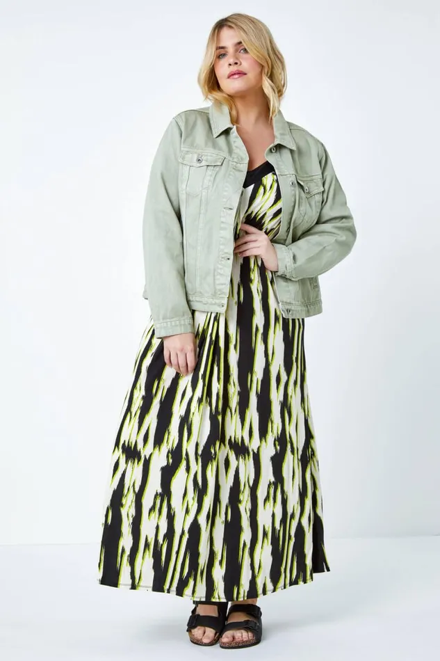 Women Lime Curve Contrast Print Stretch Midi Dress Roman Dresses