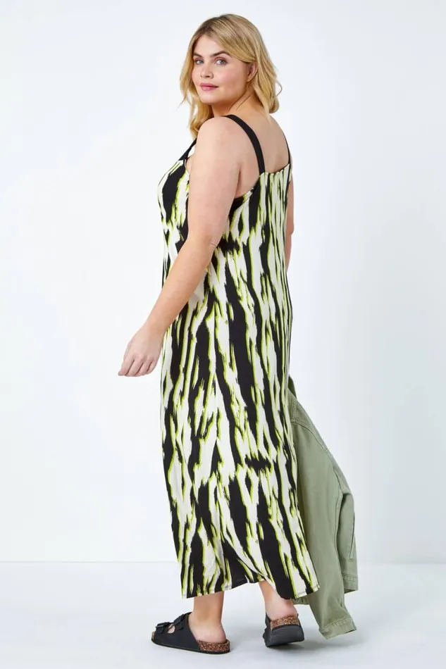 Women Lime Curve Contrast Print Stretch Midi Dress Roman Dresses