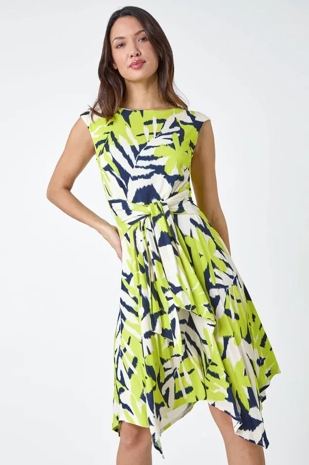 Women Lime Leaf Tie Waist Hanky Hem Asymmetric Dress Roman Dresses