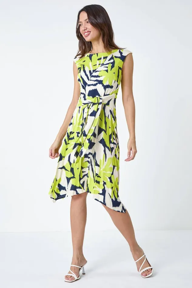 Women Lime Leaf Tie Waist Hanky Hem Asymmetric Dress Roman Dresses